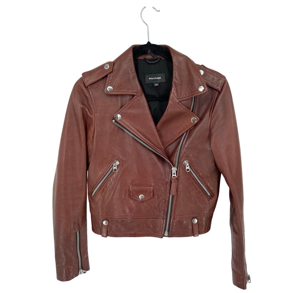 Rare Mackage Brown Baya Lamb Leather Biker Moto Motorcycle Jacket size XS